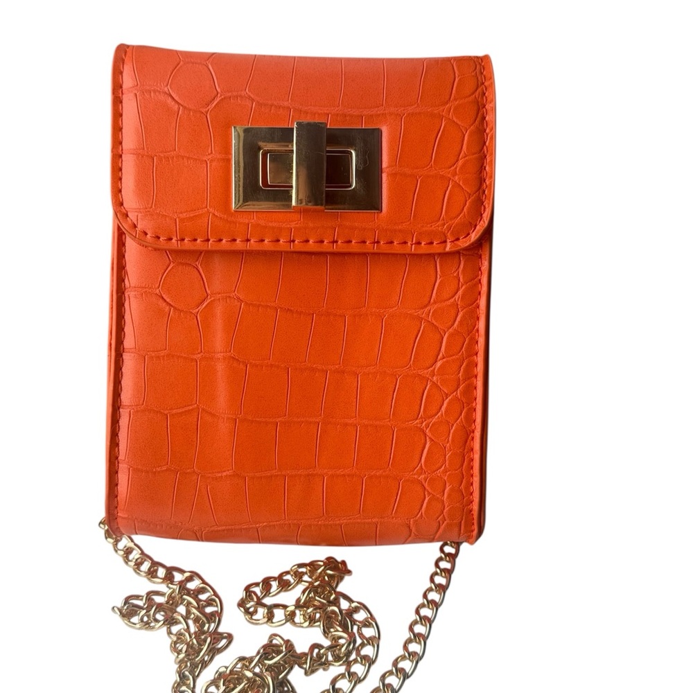 Orange Croc-Embossed Chain Crossbody Bag